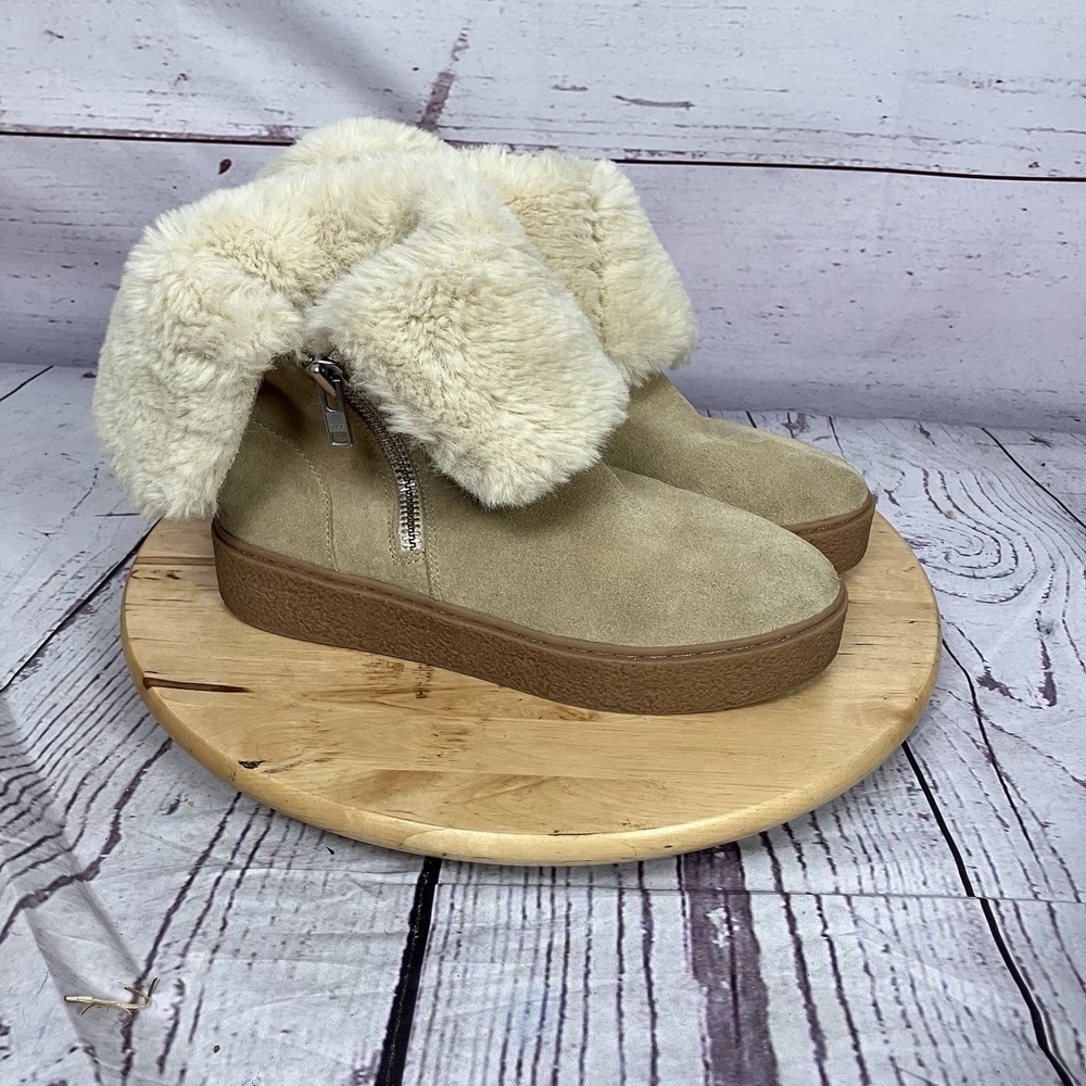 J Slides Faux Fur Lined Suede Ankle Boots Beige Side Zip Womens Size 9.5